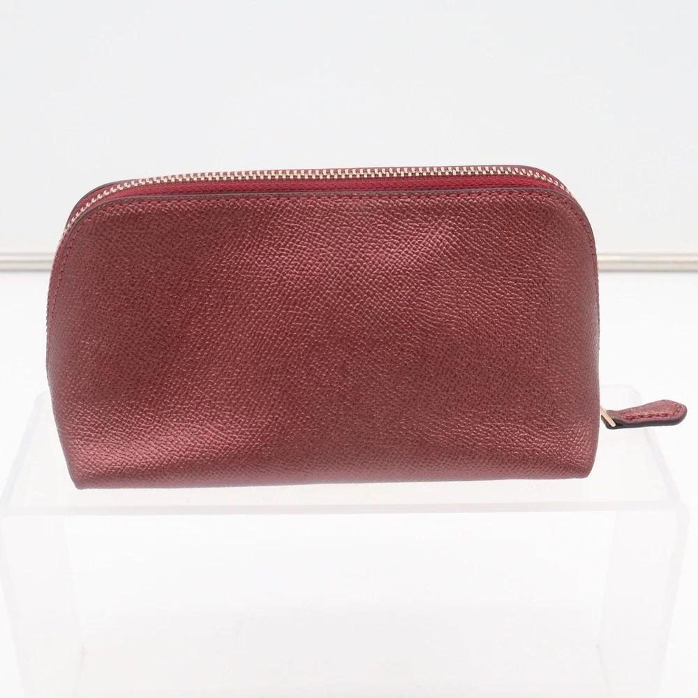 Coach Metallic Burgundy Crossgrain Leather Cosmetic Case Makeup Bag Gold Logo